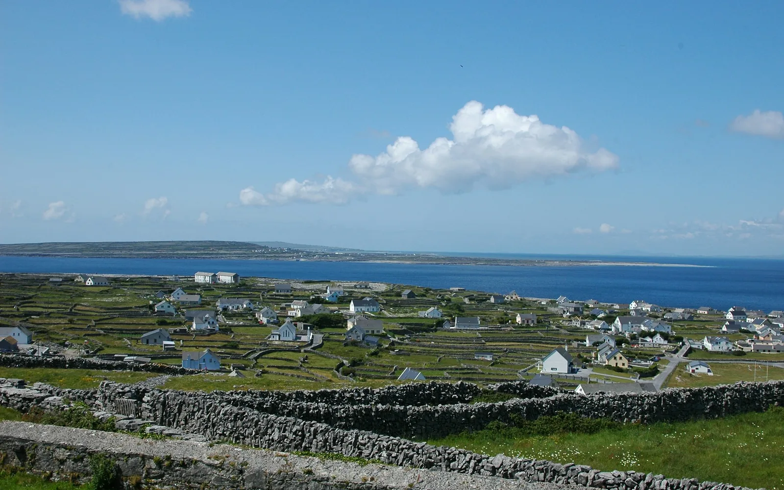 Dry-stone walls crossing green fields above Atlantic cliffs on the Aran Islands